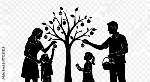 A loving family silhouette enjoys a joyful autumn harvest, collaboratively picking ripe fruit from a bountiful tree in a serene natural setting.