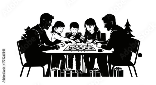 A joyful family gathers around the table, enjoying a festive board game night surrounded by holiday cheer and Christmas presents.