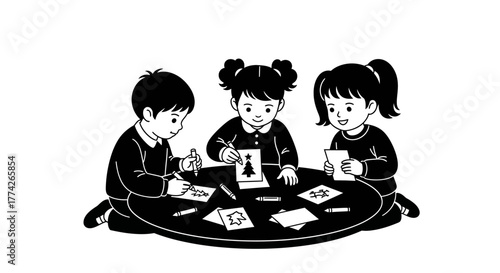 Three cheerful young children are intently focused on a collaborative Christmas crafting and drawing activity, sharing a joyful moment at the table.