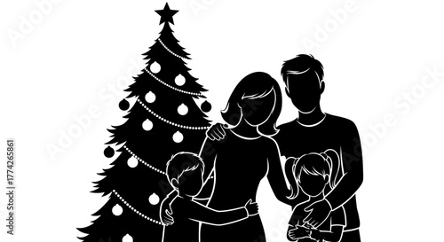A beautiful silhouette depicts a family, parents and two children, joyfully celebrating the festive Christmas season around a decorated tree, symbolizing unity.