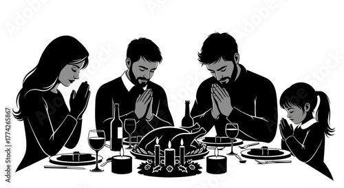 A diverse family reverently bows their heads in solemn prayer around a beautifully set Christmas dinner table, sharing a moment of holiday gratitude.