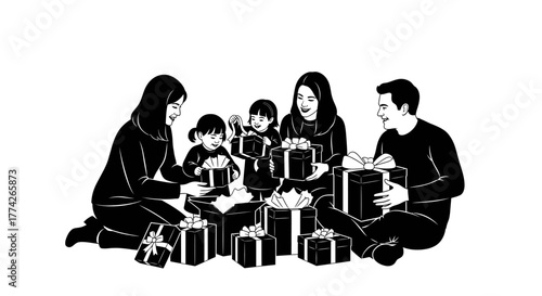 A joyful family celebrates the holiday season together, exchanging beautifully wrapped Christmas presents with smiles and festive cheer.