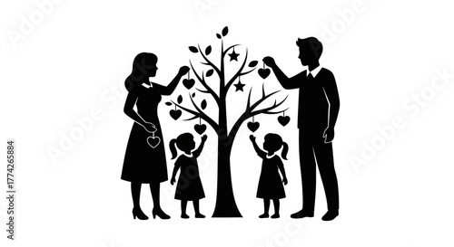 A loving family silhouette, parents and children joyfully decorating a symbolic tree with hearts and stars, representing growth, unity, and festive togetherness.
