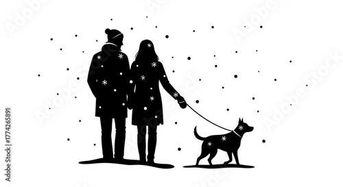 Silhouettes of a couple and their dog enjoying a peaceful, snowy winter walk together, celebrating the serene beauty of the holiday season.