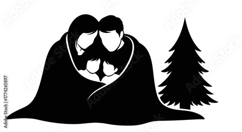 A loving family, including parents and children, is warmly embraced in a cozy blanket beside a festive Christmas tree, symbolizing holiday comfort.