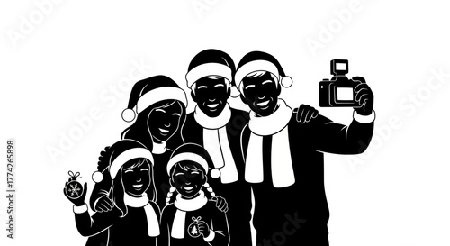 A joyful family wearing festive Santa hats and scarves captures a happy Christmas selfie, celebrating the holiday season with love and togetherness.