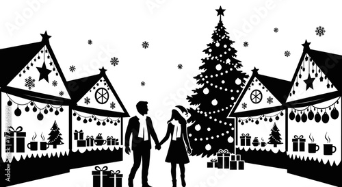 A romantic silhouette couple strolls hand-in-hand through a festive Christmas market, featuring charming decorated stalls and a grand tree.