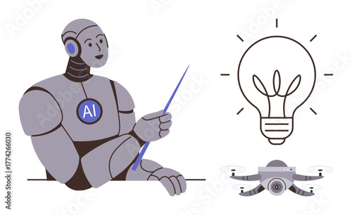 AI robot holding pointer next to glowing light bulb and quadcopter, highlighting innovation, technology, creativity, automation, education, problem-solving, futuristic ideas. Ideal for simple flat