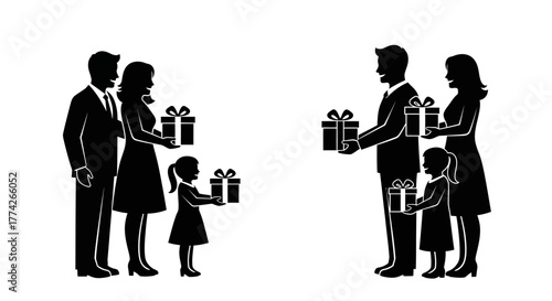 Silhouettes of two families, each featuring parents and a child, thoughtfully exchanging beautifully wrapped gifts, symbolizing generosity and shared joy.