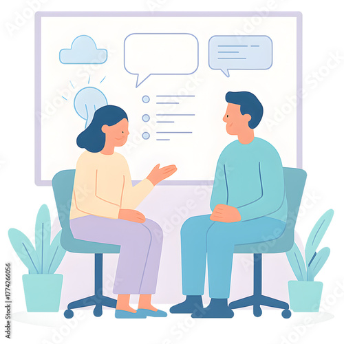 two people sitting on conference room chairs, discussing ideas, whiteboard behind them