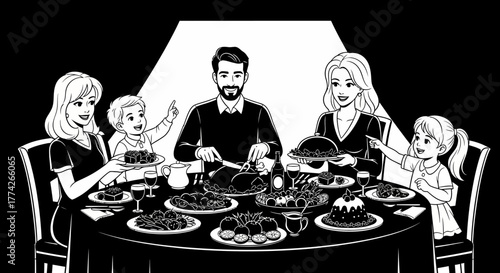A black and white illustration shows a happy family enjoying a festive dinner, emphasizing togetherness, celebration, and cherished traditions.