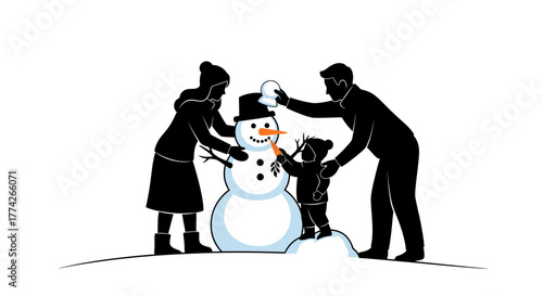 A happy family, including parents and their child, joyfully constructs a snowman, embodying winter fun, togetherness, and festive holiday spirit.