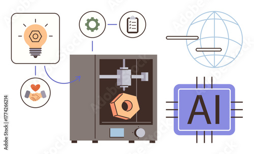 3D printer crafting a geometric object, light bulb idea, AI chip, collaboration, global network. Ideal for innovation, technology, creativity, automation teamwork engineering simple flat metaphor