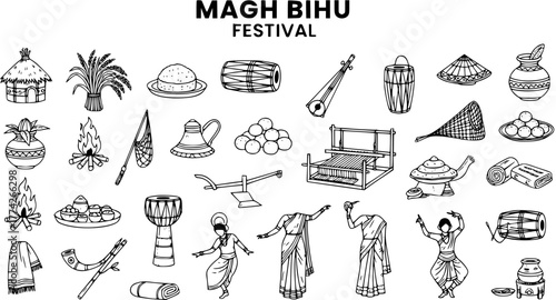 Magh Bihu Festival Line Art: Traditional Assamese Culture Icons