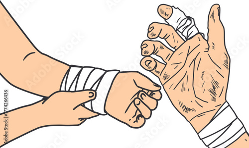 Old Injured Hand and Helping Hand Bandage Vector. Vector illustration of injured human hands with bandages. Perfect for first aid, healthcare, medical care, or safety concepts