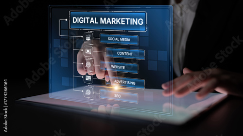 Tableau sur toile Digital marketing strategy broken down into categories: web, SEO, content, social media, and advertise