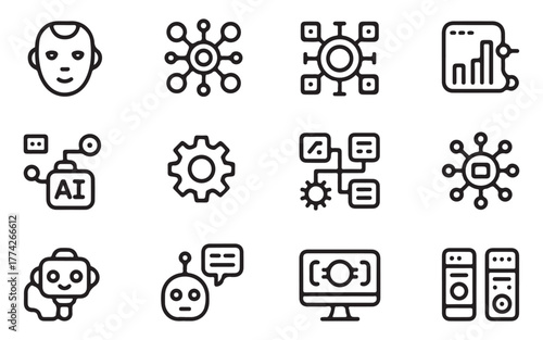  Collection of hand drawn icons representing artificial intelligence concepts and technology development