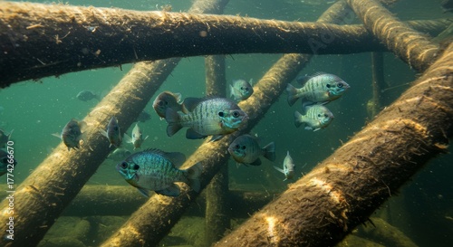 Underwater world featuring a school of bluegill fish near submerged logs
