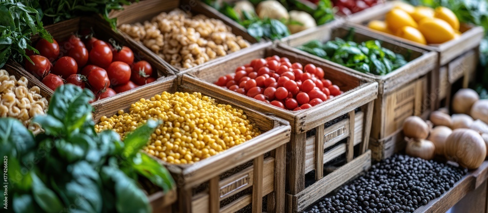 Obraz premium Fresh Produce Display in Wooden Crates