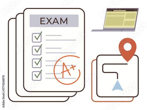 Graded exam papers with checklist, A score, laptop screen, location pin, and route icon. Ideal for education, academic achievement, planning, guidance success learning tools simple flat metaphor
