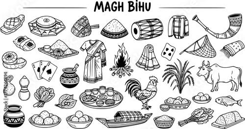 Magh Bihu Doodle: Line Art Illustration of Assamese Festival Symbols - Food, Bonfire, Musical Instruments  More