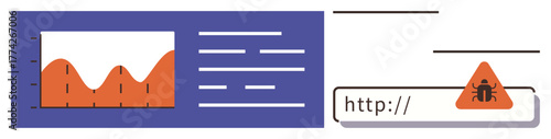 Orange graph on blue panel with malware alert on URL bar and error message. Ideal for cybersecurity, threat analysis, data safety, web security, risk assessment, malvertising, simple flat metaphor