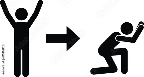 Stick figure transformation standing to kneeling pose vector illustration on white background