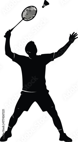 Badminton player silhouette vector illustration of a sportsman with racket and shuttlecock isolated 