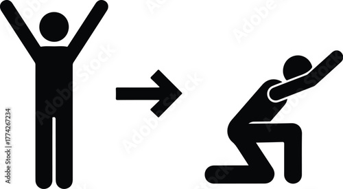 Stick figure exercising sequence simple vector illustration showing stretching and kneeling isolated