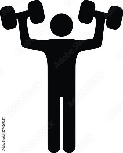 Stick figure lifting dumbbells simple black vector icon isolated on white background
