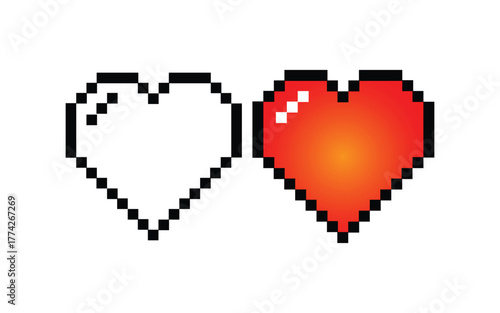Pixelated video game health bar with one full red heart and one empty outline heart isolated on white background