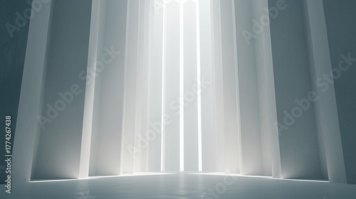 column. Abstract architectural space with dramatic light beams passing through towering columns, creating a striking monochrome scene. real-estate listings.
