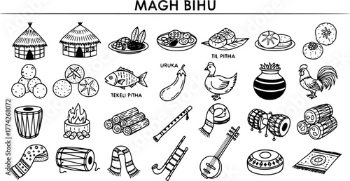 Magh Bihu festival elements black and white line art vector illustration. Traditional Assamese icons, food, music, and cultural symbols of the harvest celebration.
