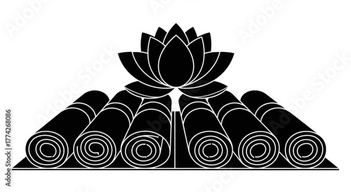 Yoga mats are arranged in a row with a lotus flower on top this image is perfect for yoga studios, wellness centers, and health blogs