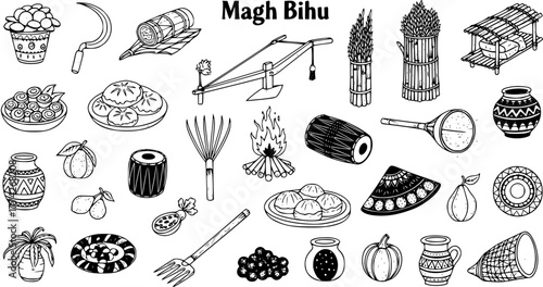Assamese Magh Bihu Harvest Festival Traditional Elements Line Art Collection