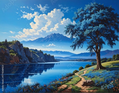 Scenic landscape with blue tree, lake, mountains, and blue sky
