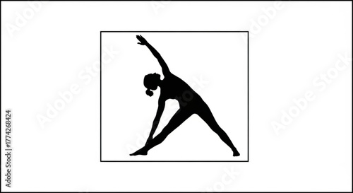 Silhouette of a woman in triangle pose, a yoga asana, depicts a healthy lifestyle, fitness, and mindfulness through yoga practice