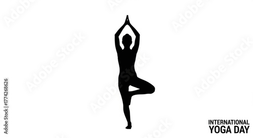 Silhouette of a woman in tree pose celebrating international yoga day with a healthy lifestyle through exercise and meditation