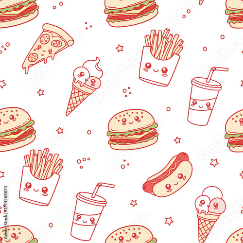 Cute seamless pattern of fast food items in red outline on a white background. Adorable hand-drawn burgers, fries, pizza, drinks, ice cream, and hot dogs with smiling faces and kawaii expressions.