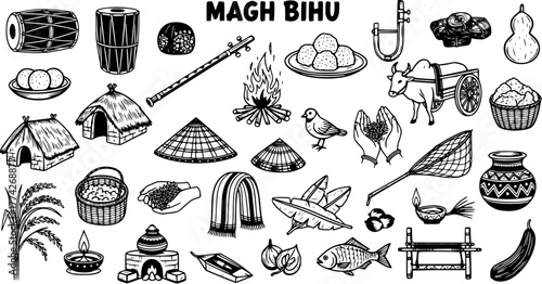 Magh Bihu Assamese Harvest Festival Traditional Elements Collection with Cultural Symbols, Food, Instruments, and Rituals Line Art
