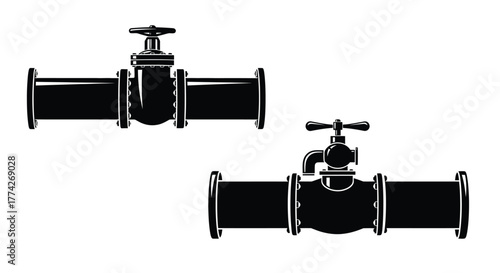 Detailed illustration of two industrial pipe valves in black and white