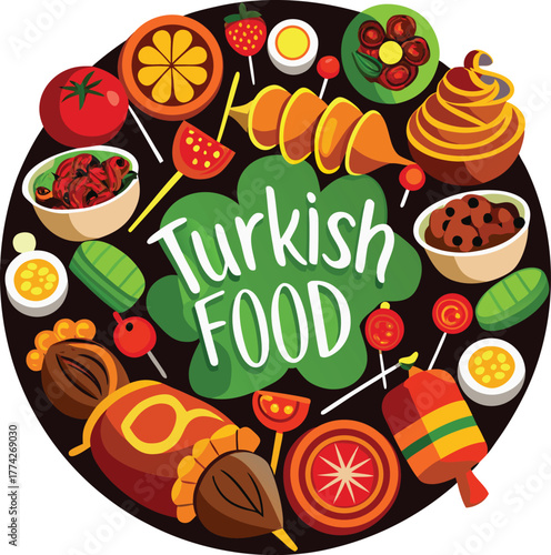 Delicious Turkish food assortment arranged in a circle