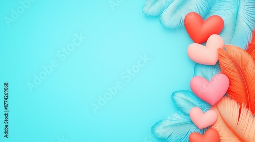 Pastel hearts and feathers cheerful decoration background. Love shapes and romance elements. Tenderness celebration mood, vibrant arrangement, decorative art, ideal for card or greeting.