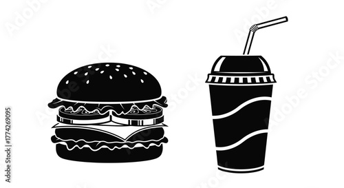 Simple black and white illustration of a burger and soft drink
