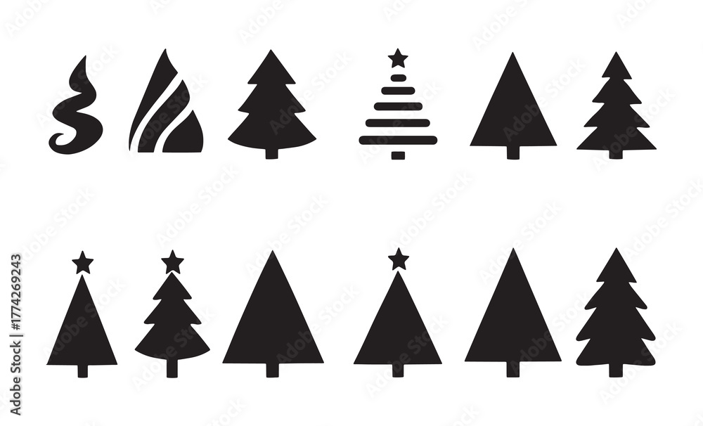Obraz premium Diverse Christmas Tree Silhouettes and Icons Set
