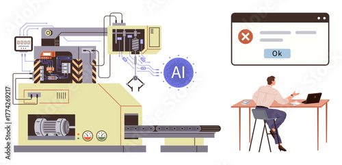 Factory automation machine linked to AI system, operator at desk with error message notification. Ideal for AI, automation, technology, industry, troubleshooting, human-machine interaction