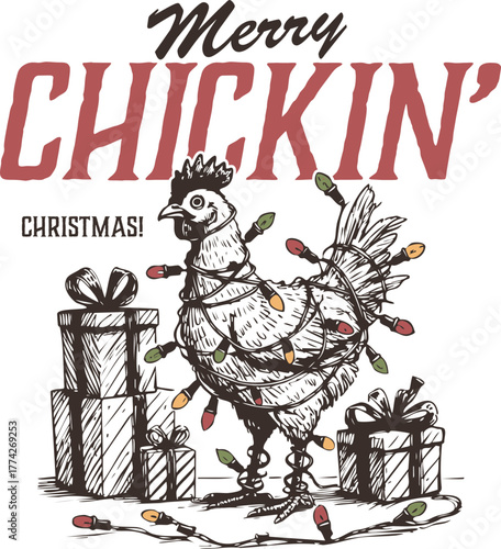 Merry Chickin' Christmas, A Funny Christmas Farm Pun Of A Chicken Tangled In Lights With Gifts, Hand-Drawn Sketch Vector Illustration