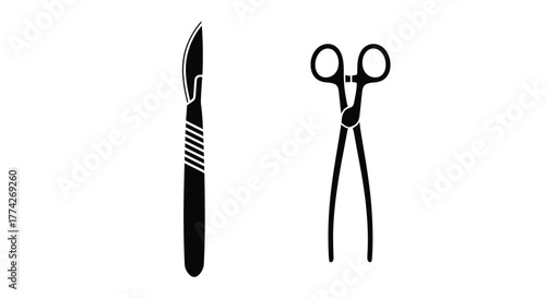 Surgical instruments including scalpel and forceps depicted in a simple black silhouette