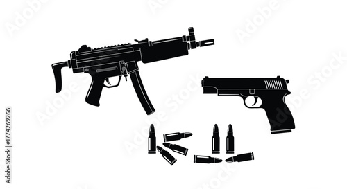 Silhouette illustration of a submachine gun pistol and several bullets