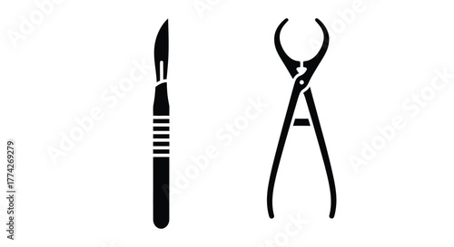 Surgical instruments scalpel and forceps depicted in a simple black silhouette